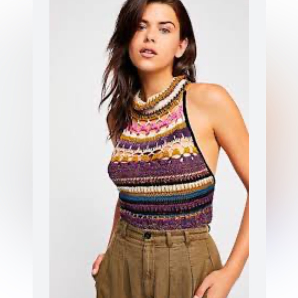In Search Of! Free People Midnight Moon Multicolor Crochet Top Sweater